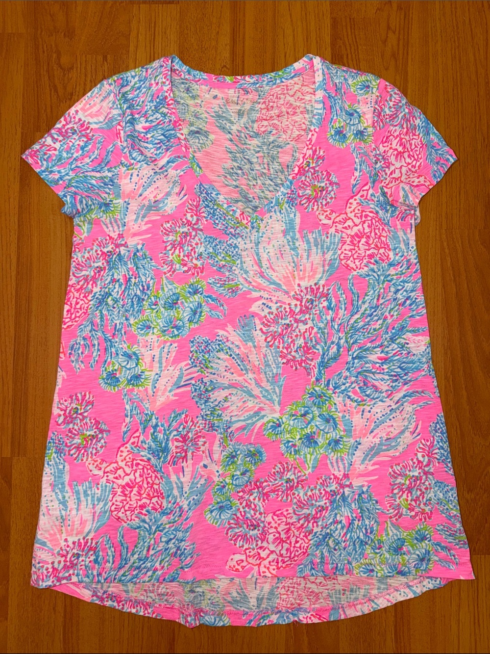 Lilly Pulitzer Hot Pink Tropical Floral V-Neck Tee with Blue & Green Accents
